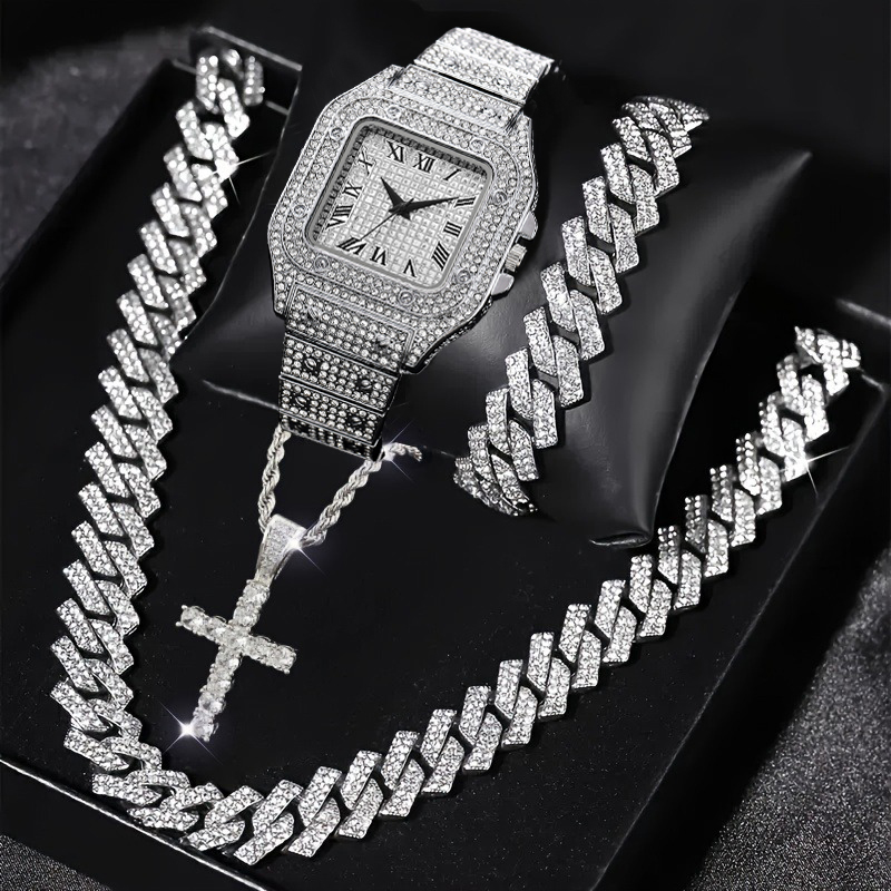 4PCS Fashion Iced Out Square M - đánh giá và giá Jewelry Clasp Watches